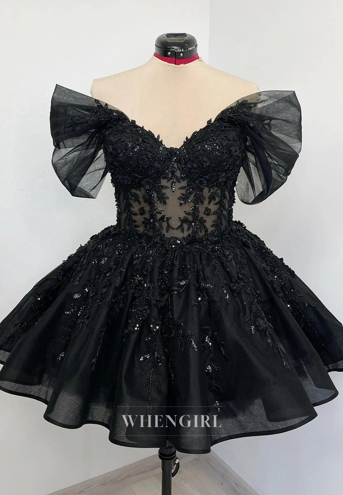 Black V Neck Cap Sleeves Beaded Appliques Lace Up A-Line Short Wedding Dress