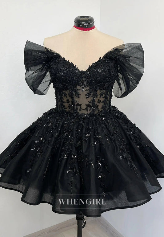 Black V Neck Cap Sleeves Beaded Appliques Lace Up A-Line Short Wedding Dress