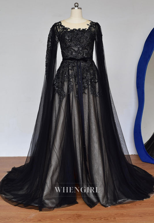 Black A-Line Long Sleeves Bateau Neck Beaded Lace Court Train Wedding Dress