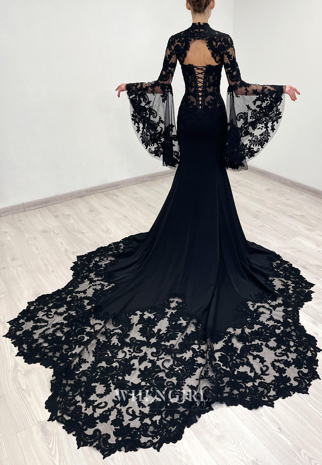 Black Mermaid Long Bell Sleeves Appliuqed Lace Court Train High Neck Wedding Dress