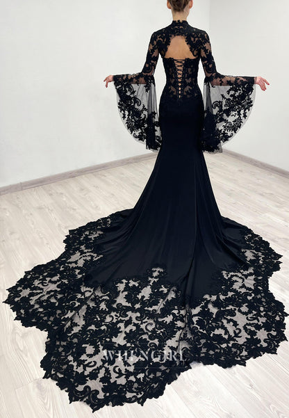 Black Mermaid Long Bell Sleeves Appliuqed Lace Court Train High Neck Wedding Dress