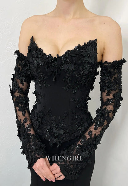 Black V Neck Long Sleeves Appliuqed Lace Mermaid Wedding Dress with Train
