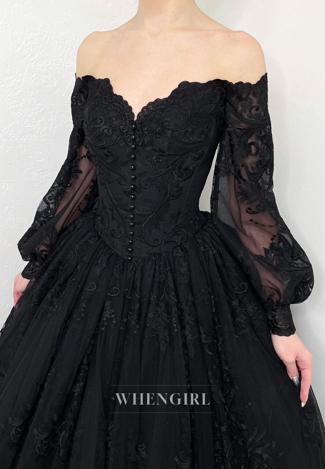 Black V Neck Long Sleeves Lace Up Ball Gown Lace Wedding Dress