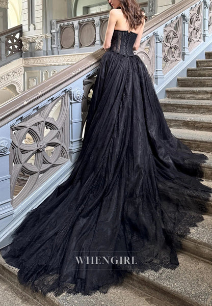 Black A-Line Tube Top Sleeveless Chapel Train Lace Up Lace Wedding Dress