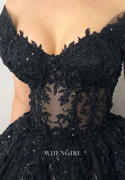 Black Off Shoulder Cap Sleeves Appliqued Beaded Ball Gown Wedding Dress with Sweep Train