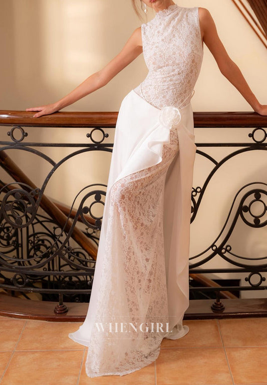 High Neck Lace Sleeveless 3D Flower Floor Length Sheath Wedding Dress