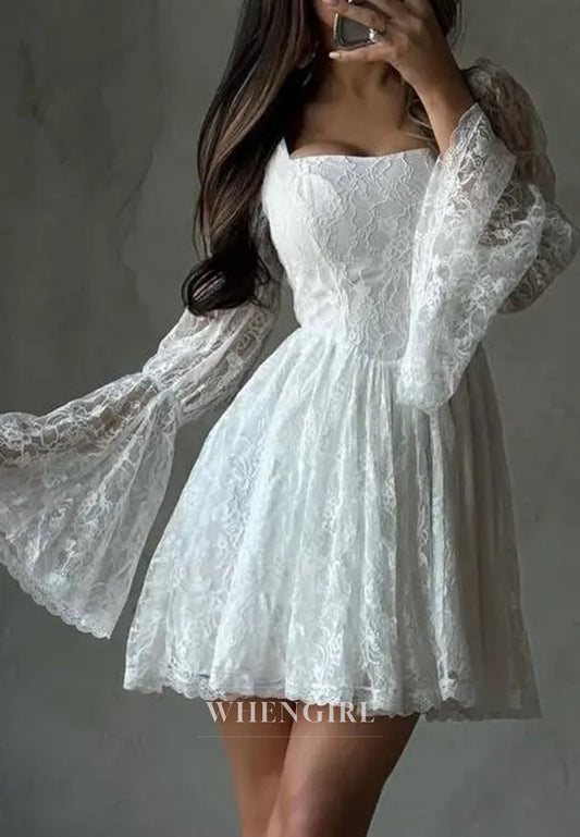 A-Line Bell Sleeves Suqare Neck Lace Short Wedding Dress