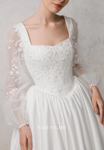 A-Line Square Neck Long Sleeves Embroidery Lace Up Sweep Train Wedding Dress with Pockets