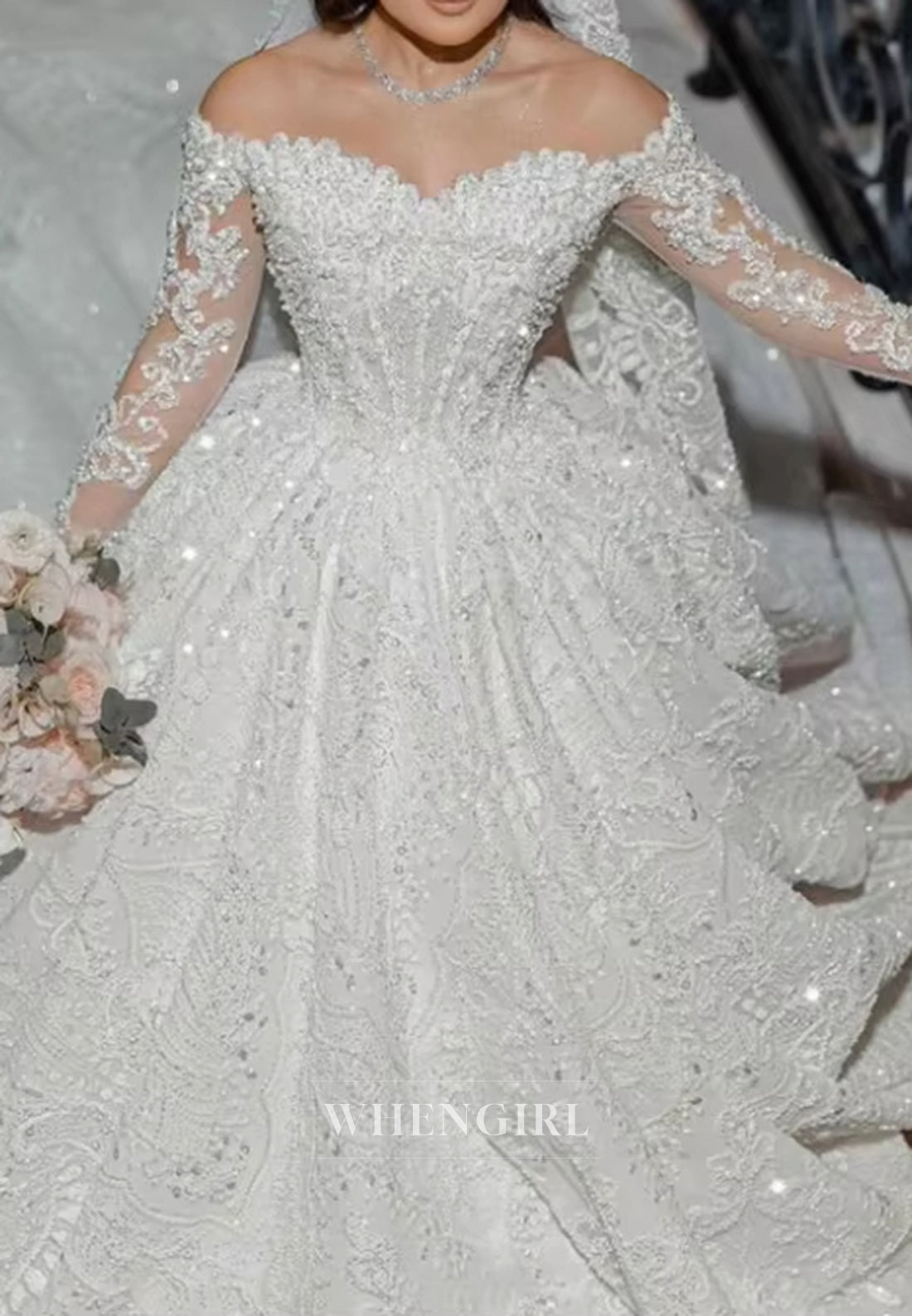 Luxury Off Shoulder Long Sleeves Beade Ball Gown Wedding Dress with Cathedral Train