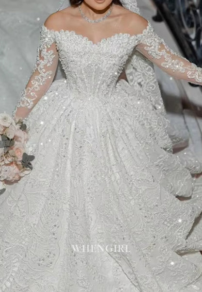 Luxury Off Shoulder Long Sleeves Beade Ball Gown Wedding Dress with Cathedral Train