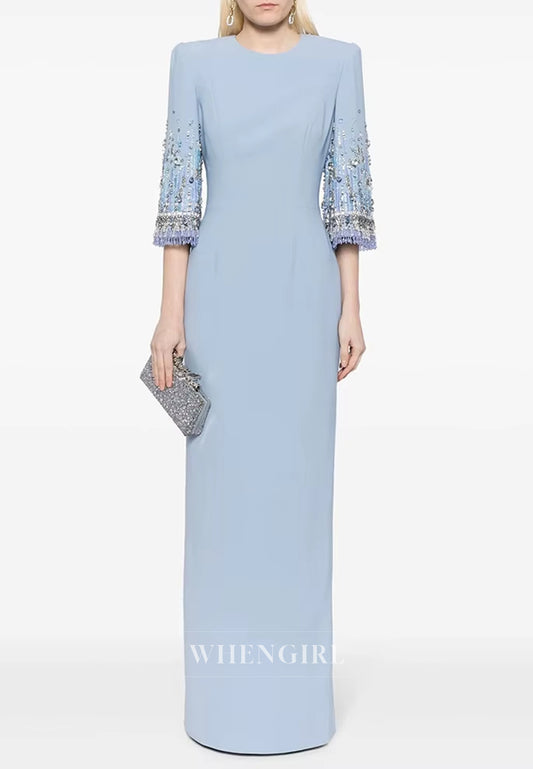 Column Bateau Neck Beaded Half Sleeves Floor Length Evening Formal Dress