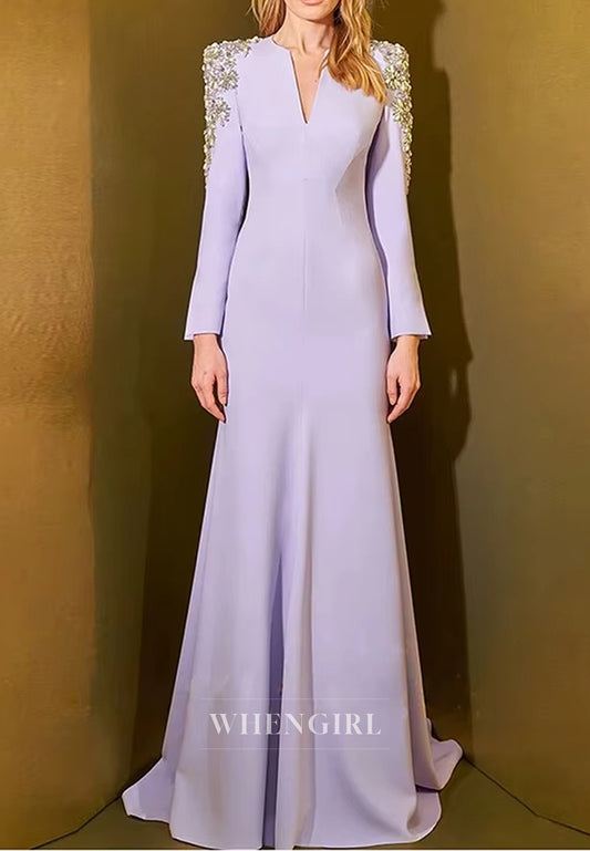 Lilac V Neck Long Beaded Sleeves Back Zipper Mermaid Evening Formal Dress