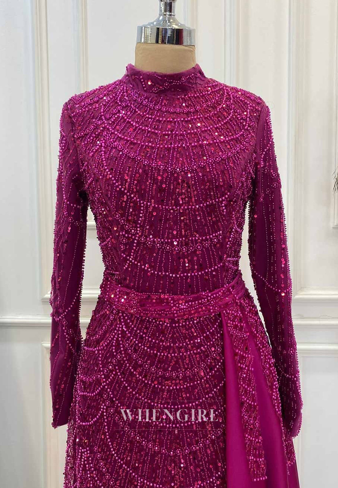 Orchid High Neck Long Sleeves Beaded Back Zipper Sheath Evening Formal Gown