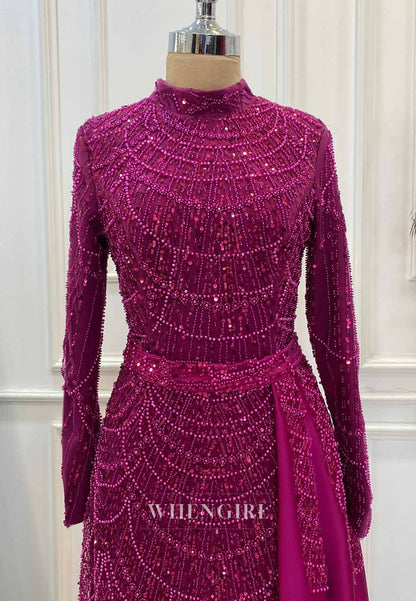 Orchid High Neck Long Sleeves Beaded Back Zipper Sheath Evening Formal Gown