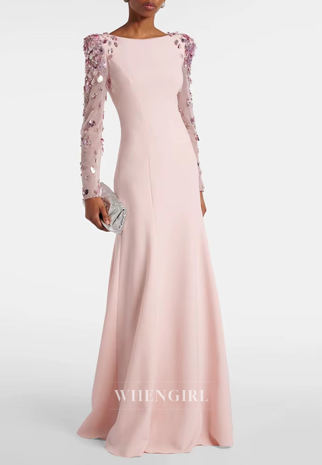 Sheath Bateau Neck Beaded Long Sleeves Back Zipper Evening Formal Gown