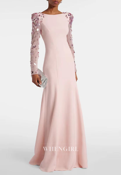 Sheath Bateau Neck Beaded Long Sleeves Back Zipper Evening Formal Gown