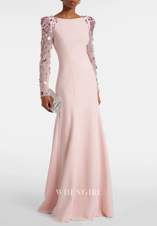 Sheath Bateau Neck Beaded Long Sleeves Back Zipper Evening Formal Gown