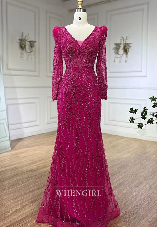 Fuchsia V Neck Long Sleeves Beaded Sheath Evening Formal Dress