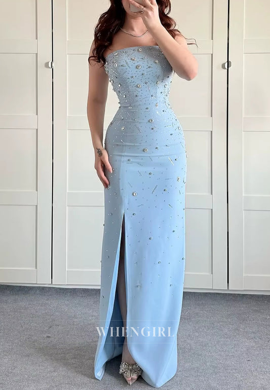 Sheath Tube Top Sleeveless Beaded Side Slit Floor Length Formal Evening Gown