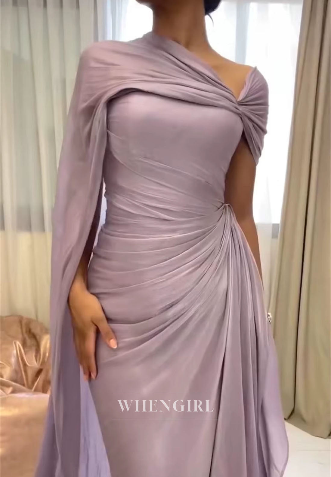 Lilac Sheath Pleated Asymmetrical Neck Pleated Evening Fomal Dress