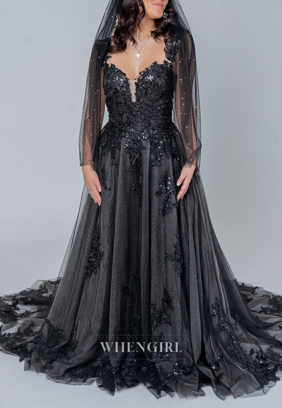 Black A-Line Sweetheart Appliqued Lace Beaded Sleeveless Court Train Wedding Dress