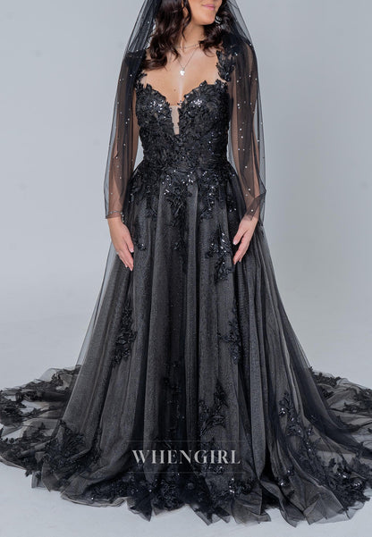 Black A-Line Sweetheart Appliqued Lace Beaded Sleeveless Court Train Wedding Dress