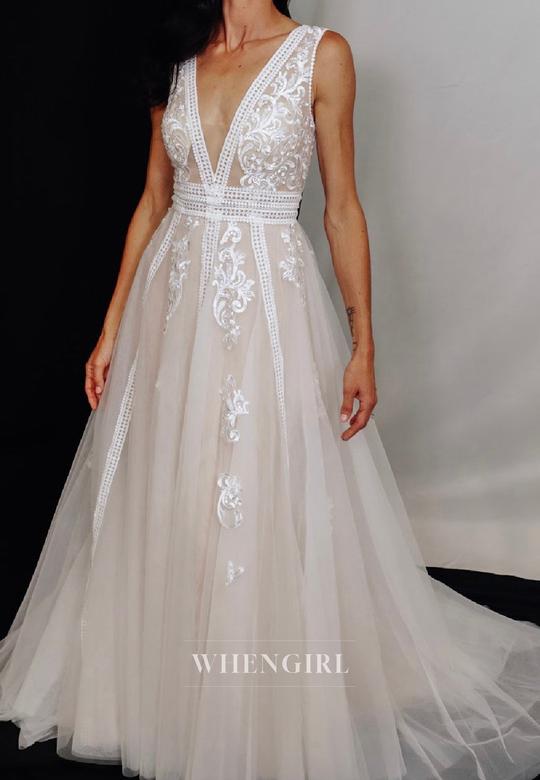 A-Line V Neck Sleeveless Boho Appliqued Sweep Train Beach Wedding Dress