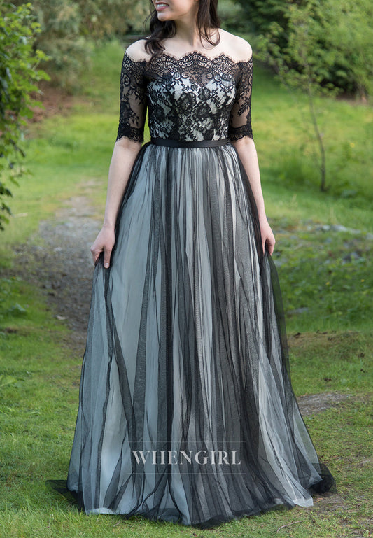 Off Shoulder Half Sleeves Appliqued Lace A-Line Wedding Dress