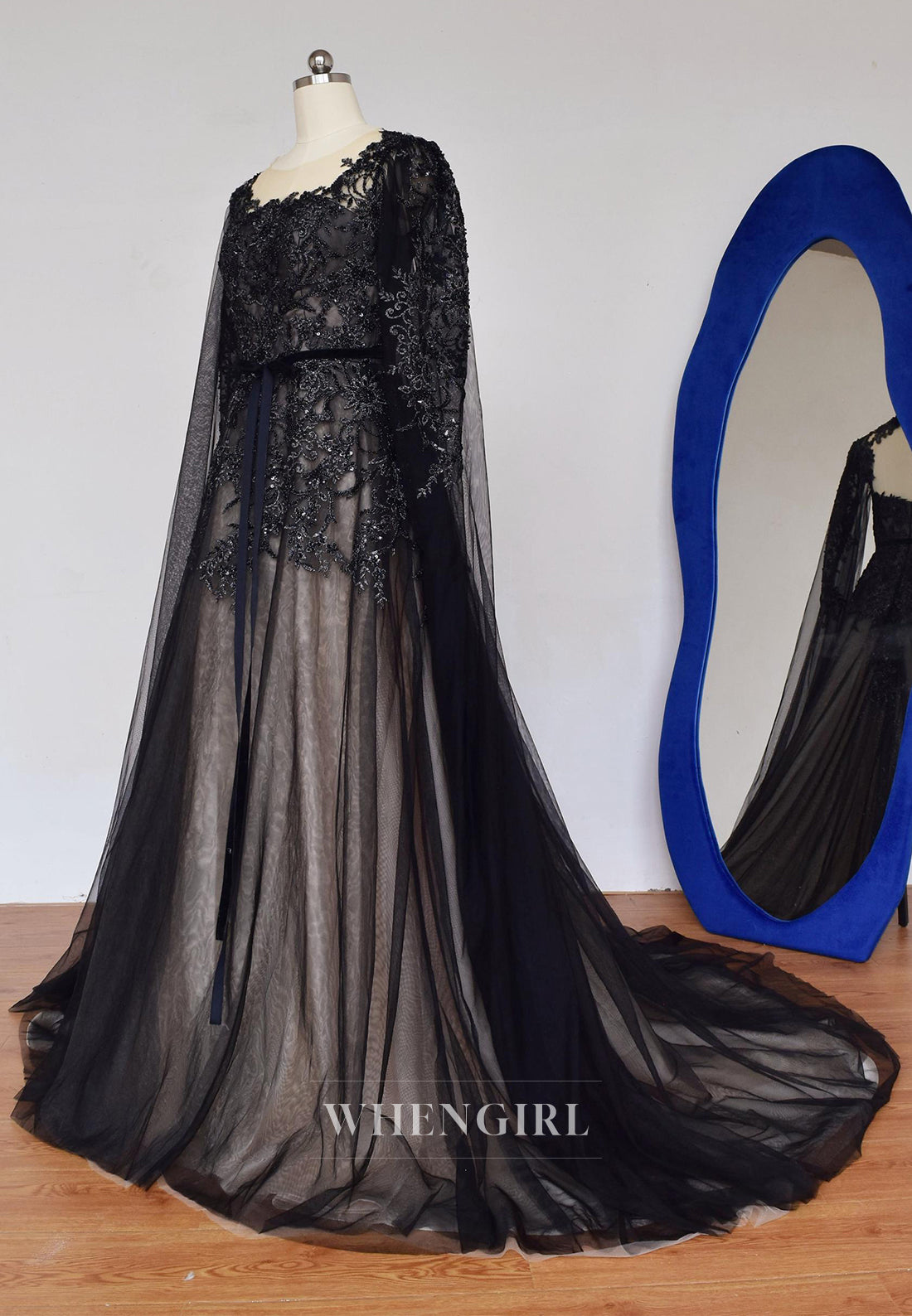 Black A-Line Long Sleeves Bateau Neck Beaded Lace Court Train Wedding Dress
