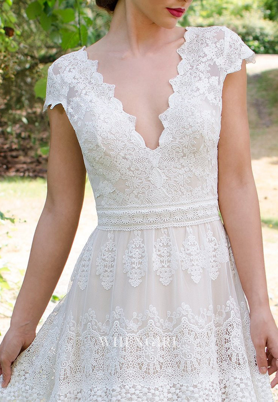 A-Line V Neck Cap Sleeves Lace Cut Out Back Boho Wedding Dress