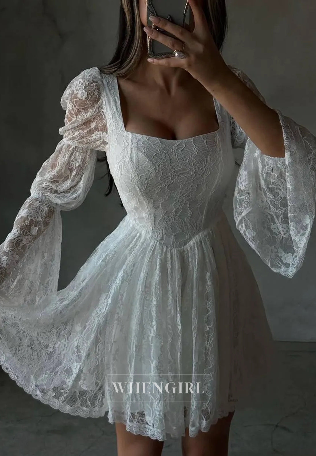 A-Line Bell Sleeves Suqare Neck Lace Short Wedding Dress