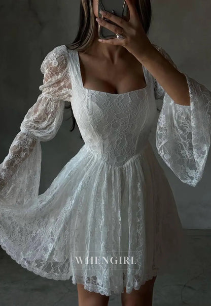 A-Line Bell Sleeves Suqare Neck Lace Short Wedding Dress