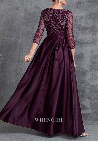 Raspberry V Neck 3/4 Sleeves Embroidery Pleated A-Line Long Mother of the Bride Dress