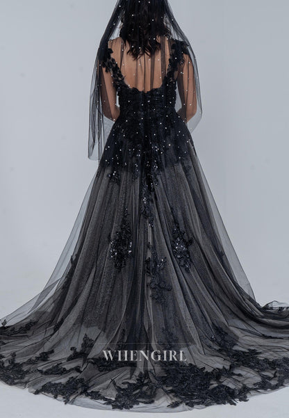 Black A-Line Sweetheart Appliqued Lace Beaded Sleeveless Court Train Wedding Dress