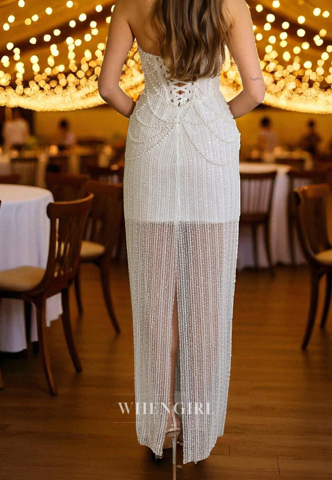 Sheath Tube Top Sleeveless Lace Up Sequins Pearls Floor Length Wedding Dress