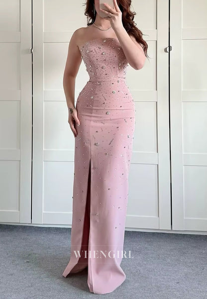 Sheath Tube Top Sleeveless Beaded Side Slit Floor Length Formal Evening Gown