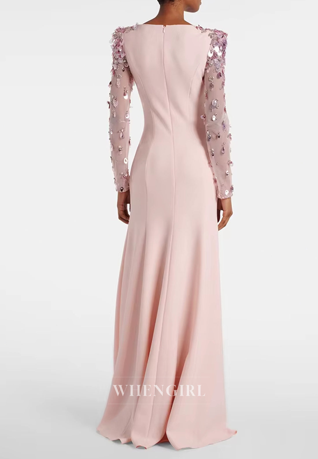 Sheath Bateau Neck Beaded Long Sleeves Back Zipper Evening Formal Gown