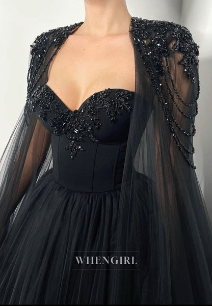 Black Crystal Beaded Tulle Cape Sweetheart Lace Up A-Line Wedding Dress