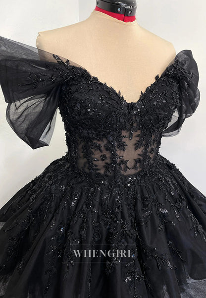 Black V Neck Cap Sleeves Beaded Appliques Lace Up A-Line Short Wedding Dress