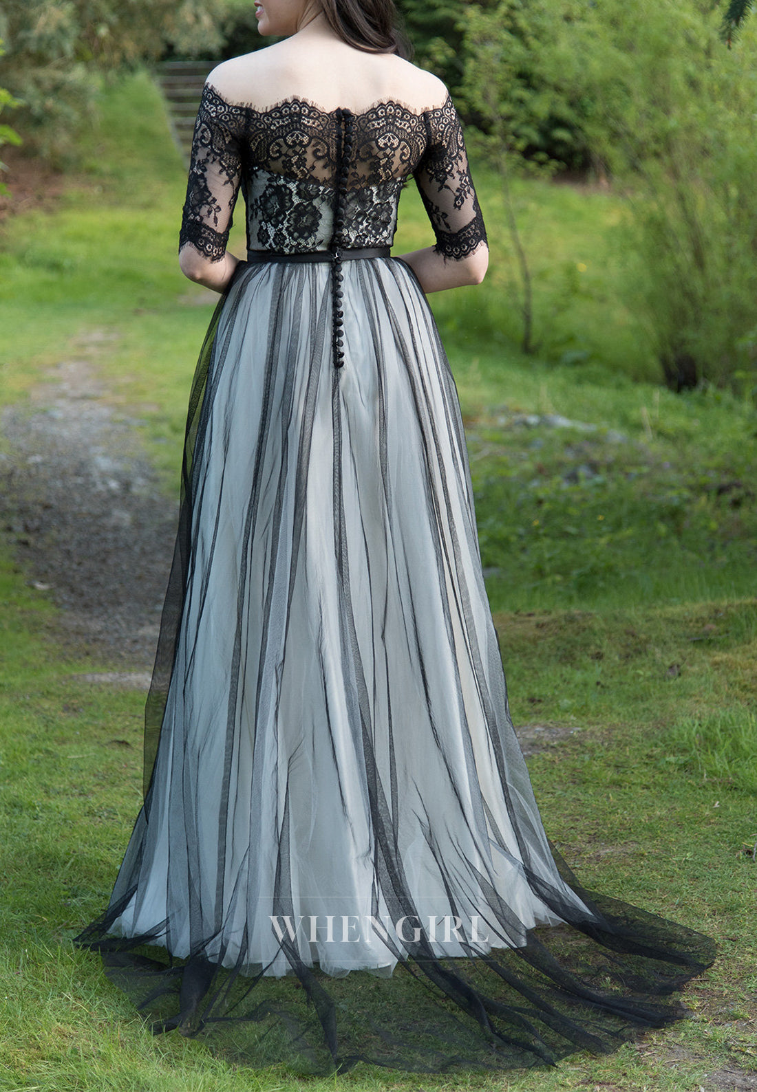 Off Shoulder Half Sleeves Appliqued Lace A-Line Wedding Dress