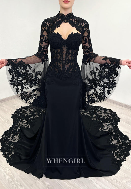 Black Mermaid Long Bell Sleeves Appliuqed Lace Court Train High Neck Wedding Dress