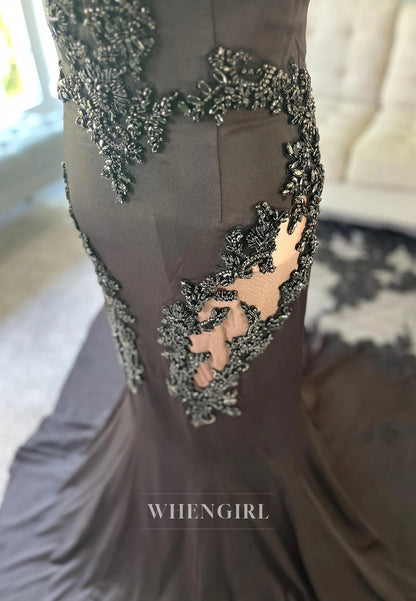 Black Mermaid Sweetheart Appliqued Sleeveless Beaded Chapel Train Wedding Dress