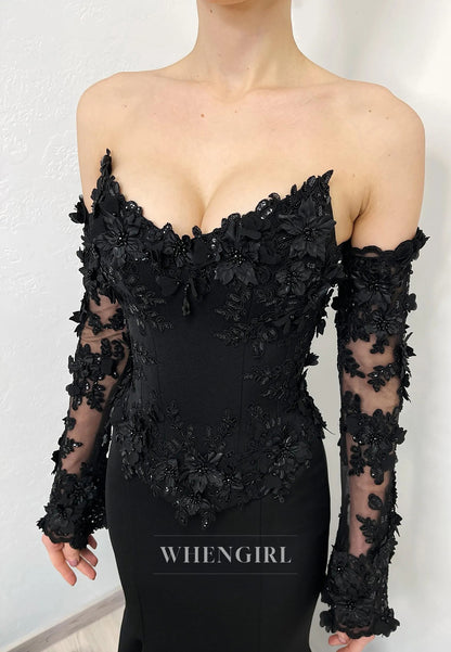 Black V Neck Long Sleeves Appliuqed Lace Mermaid Wedding Dress with Train