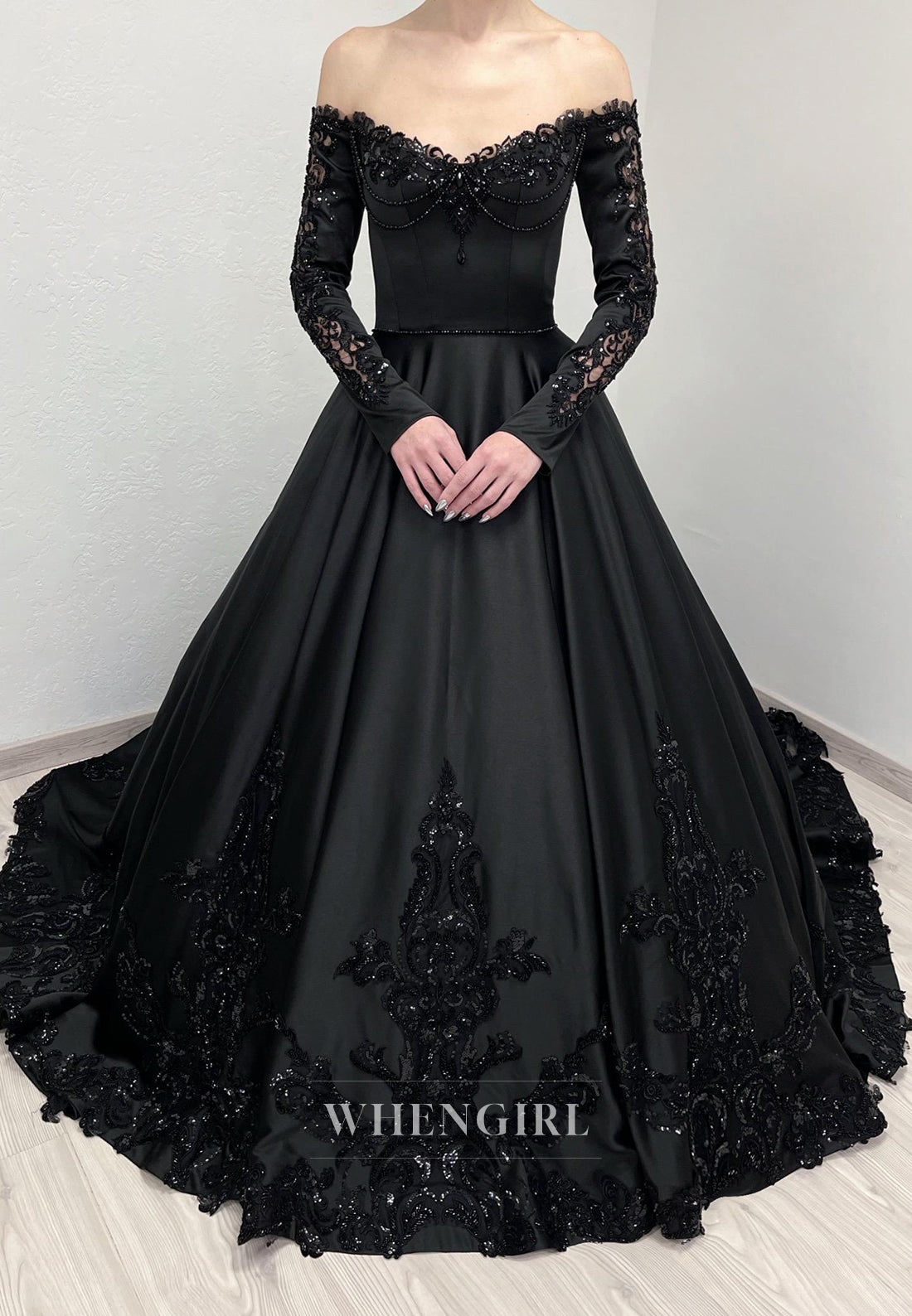 Black A-Line Long Sleeves Beaded Off Shoulder Chapel Train Lace Up Wedding Dress