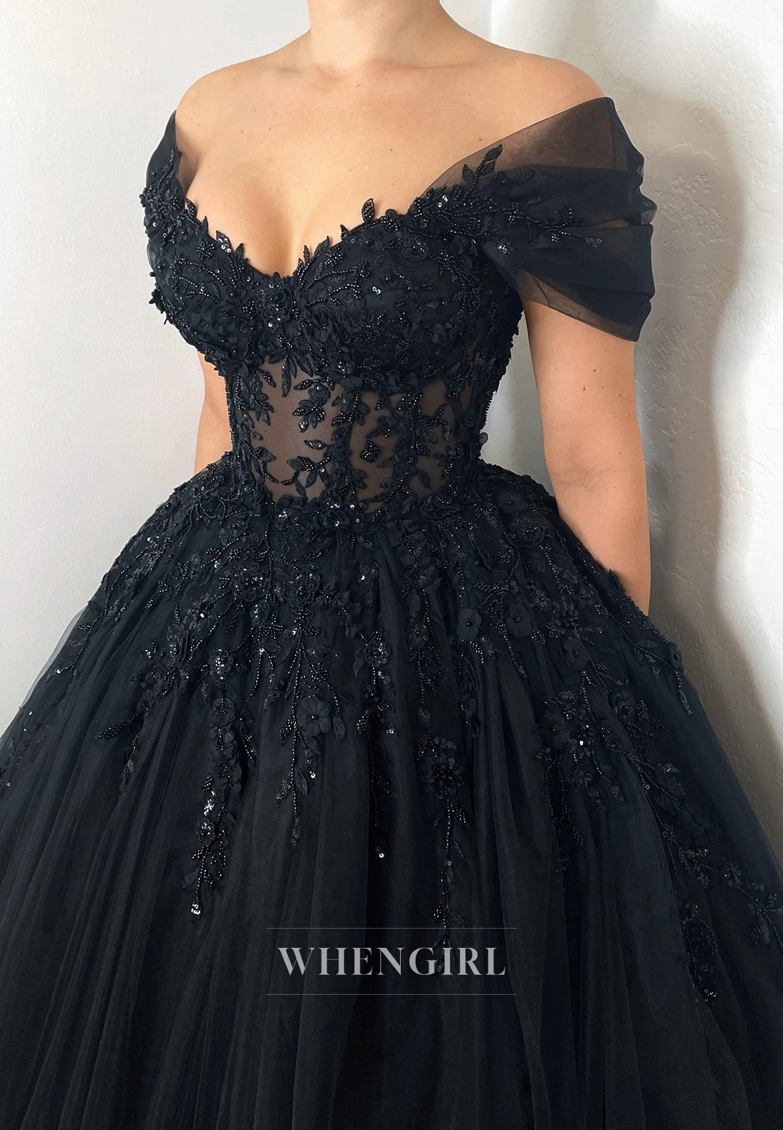 Black Off Shoulder Cap Sleeves Appliqued Beaded Ball Gown Wedding Dress with Sweep Train