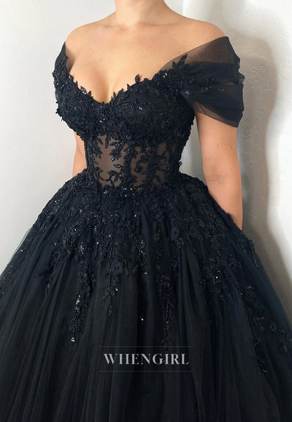 Black Off Shoulder Cap Sleeves Appliqued Beaded Ball Gown Wedding Dress with Sweep Train
