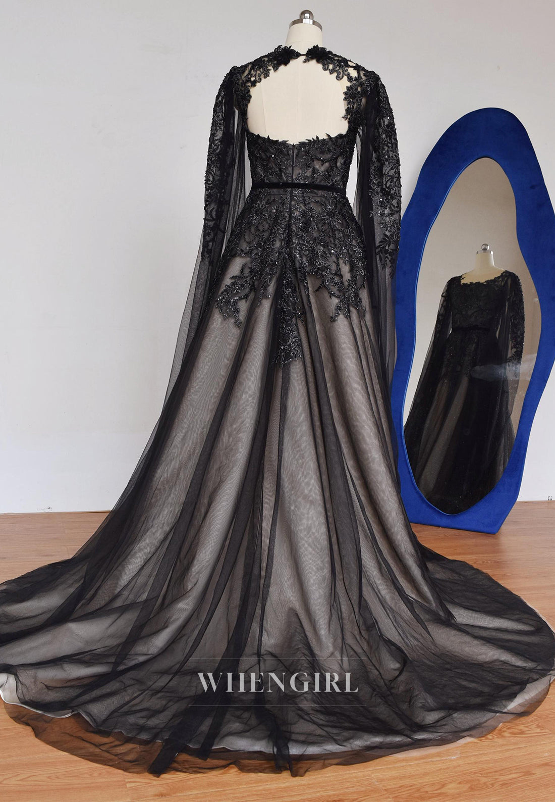 Black A-Line Long Sleeves Bateau Neck Beaded Lace Court Train Wedding Dress
