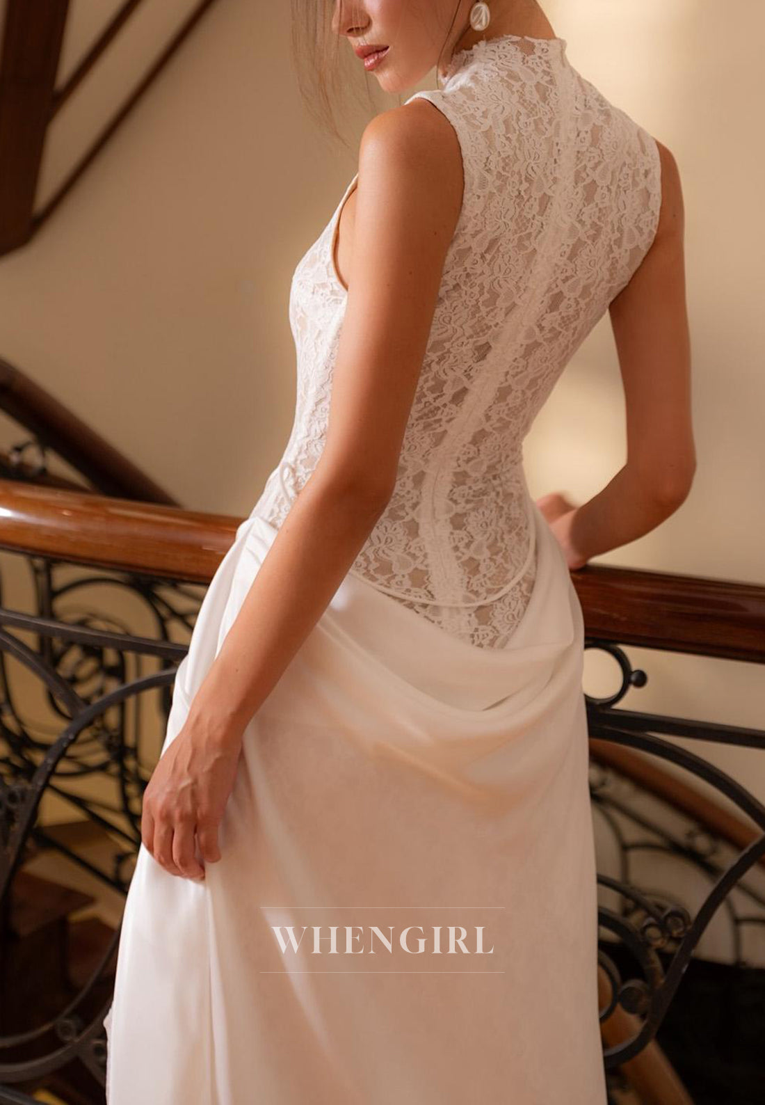 High Neck Lace Sleeveless 3D Flower Floor Length Sheath Wedding Dress