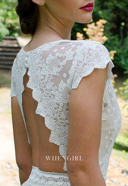A-Line V Neck Cap Sleeves Lace Cut Out Back Boho Wedding Dress
