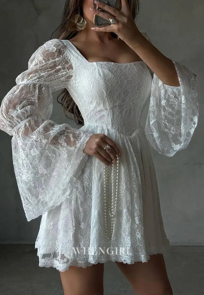 A-Line Bell Sleeves Suqare Neck Lace Short Wedding Dress